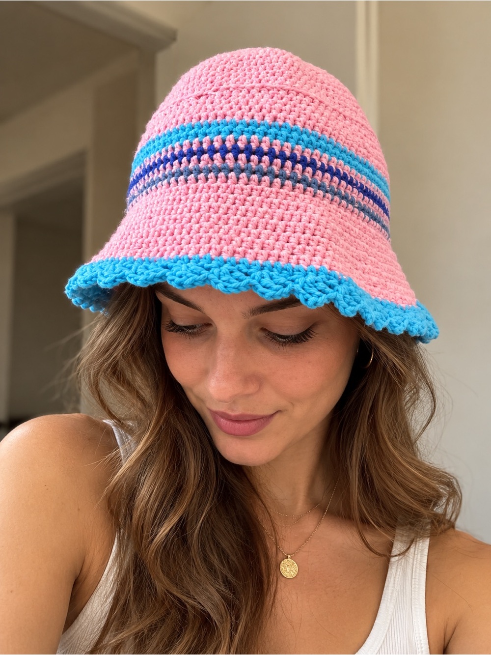 Hand-Crocheted Pink Bucket Hat with Blue Trim - Women's Summer Hat